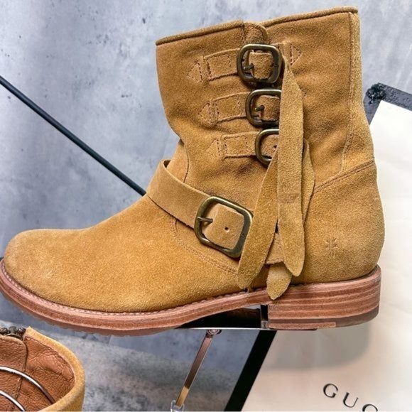 FRYE | Veronica Buckle Strap Suede Short Ankle Biker Moto Boots in ‘Brandy’ - Picture 6 of 13